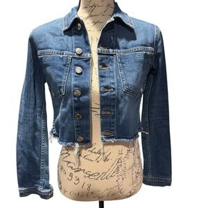 L'AGENCE Cropped Denim Jacket Blue Jean Raw Hem Size XS
